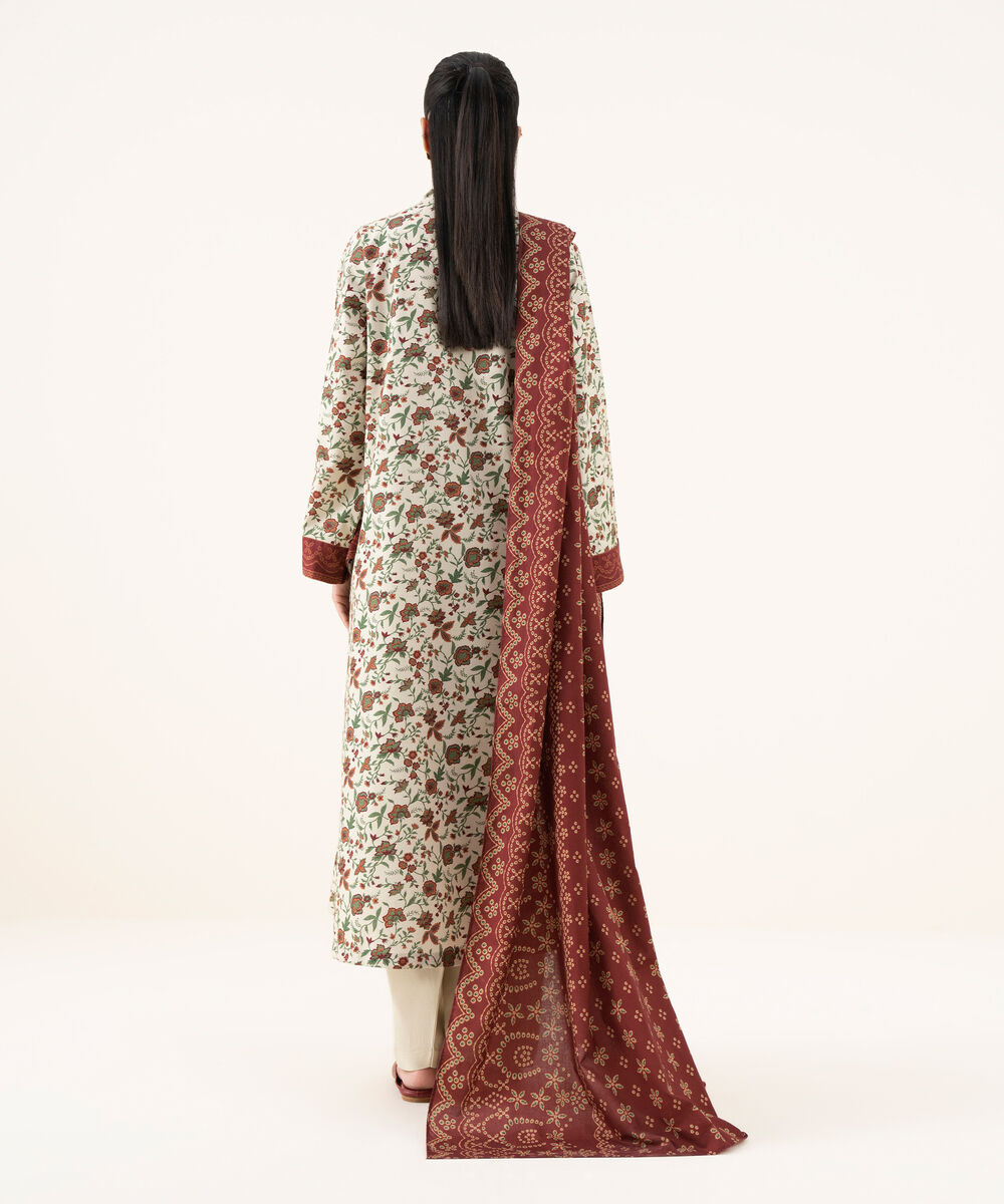 Women's Unstitched Cotton Printed Off White Three Piece Suit