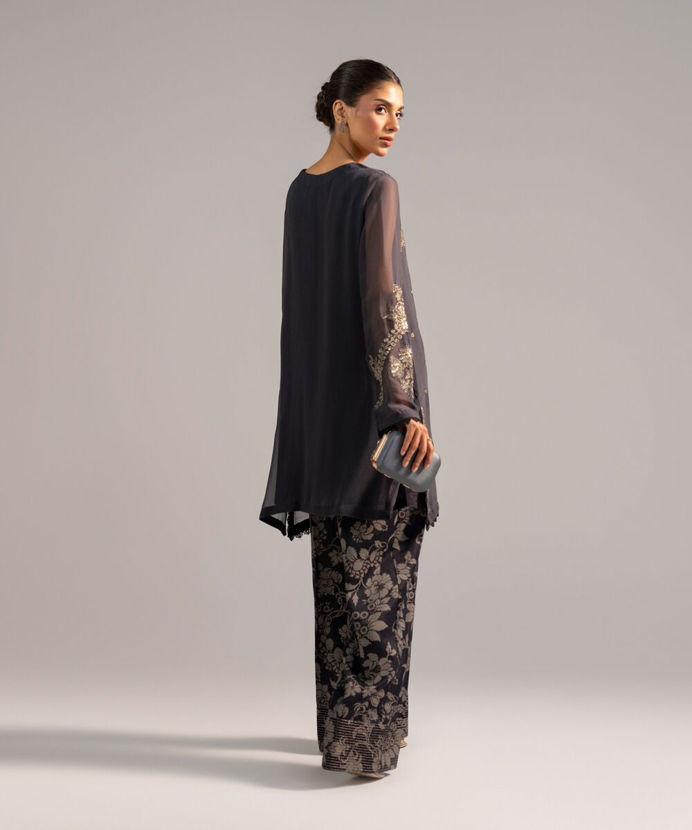 Women's RTW Chiffon Embroidered Black 2 Piece Suit