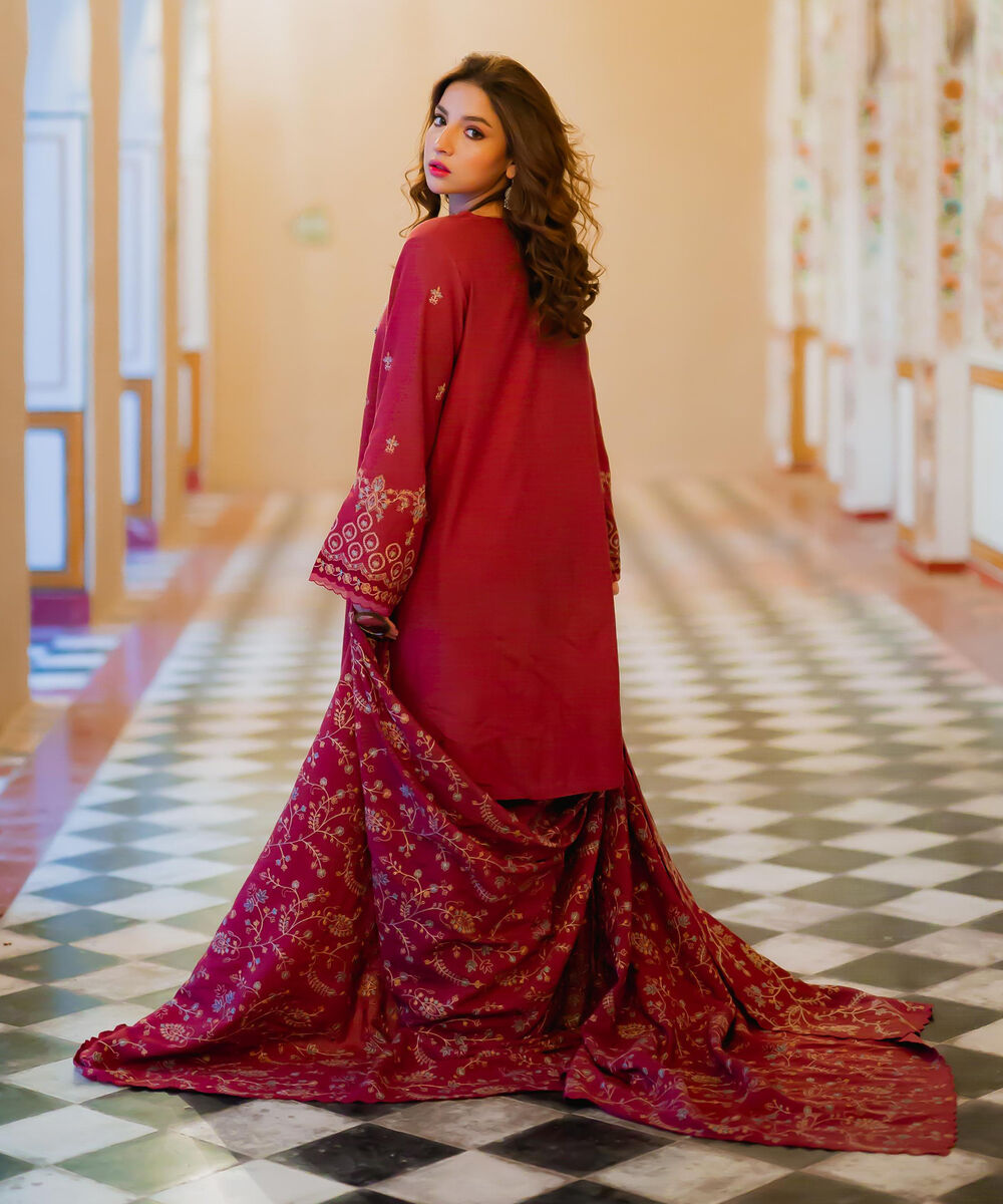 Women's Unstitched Viscose Karandi Embroidered Pink 3 Piece Suit