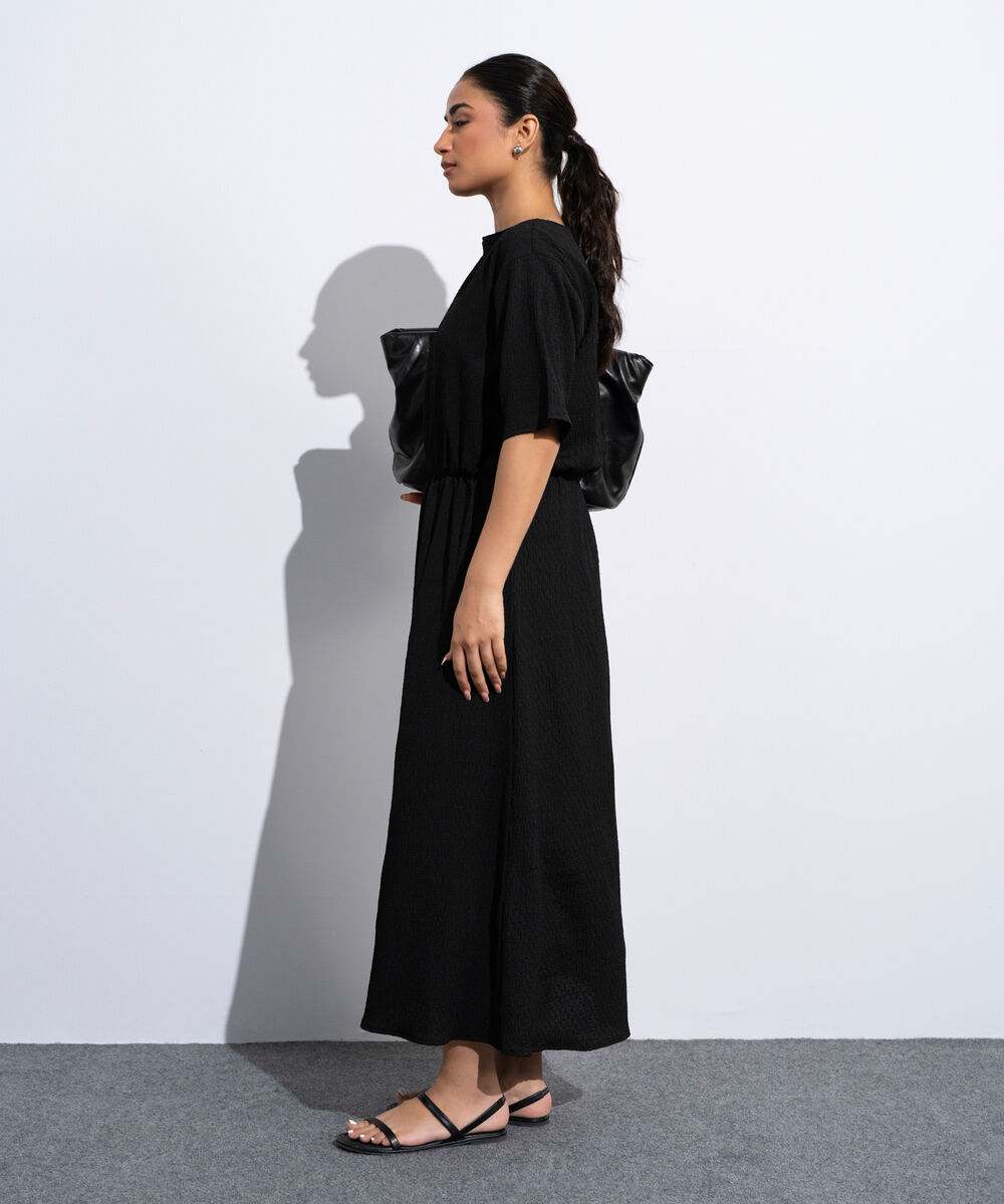 Women's Black Midi Dress In Textured Fabric