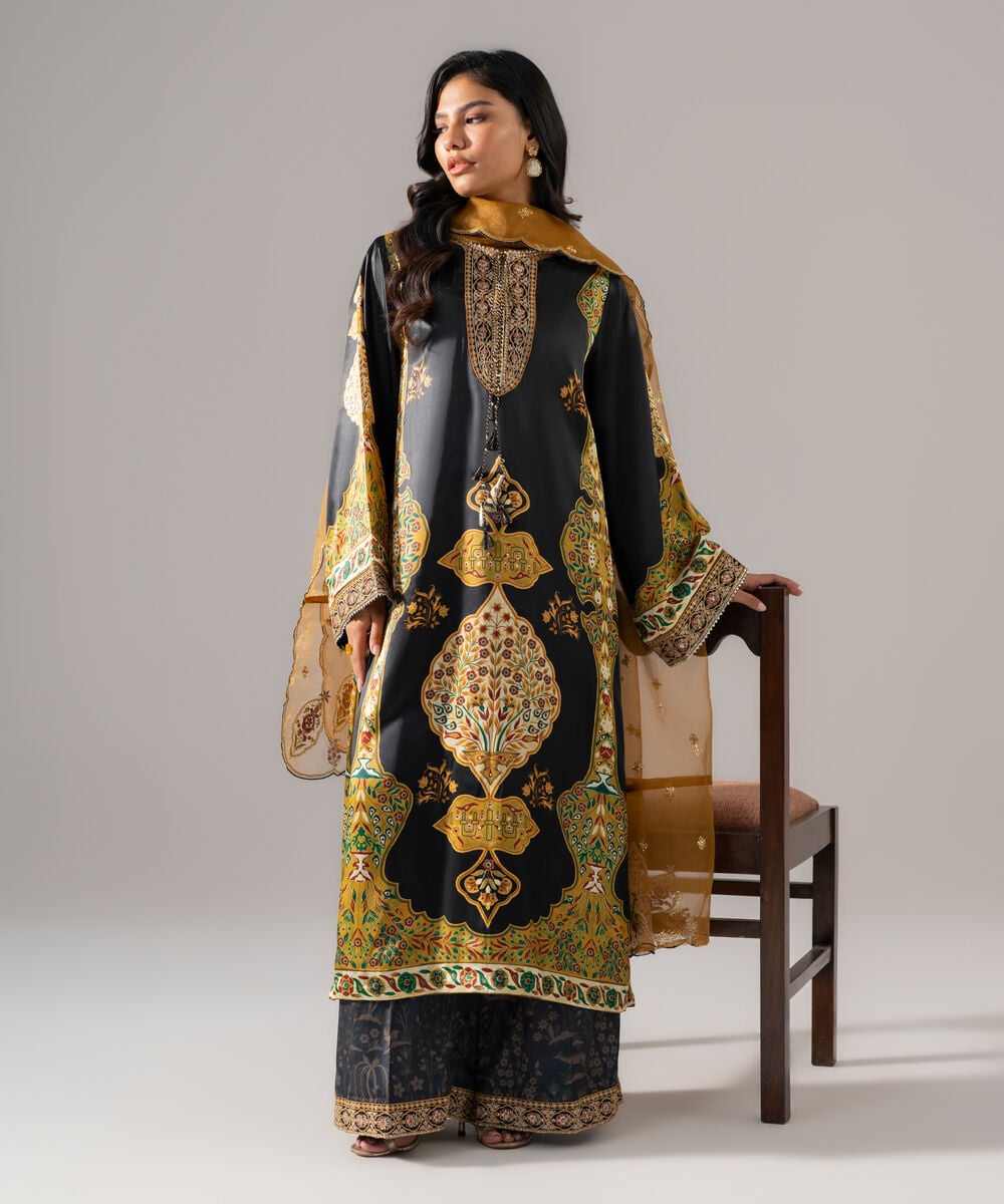 Women's RTW Blended Satin Embroidered Black 3 Piece Suit