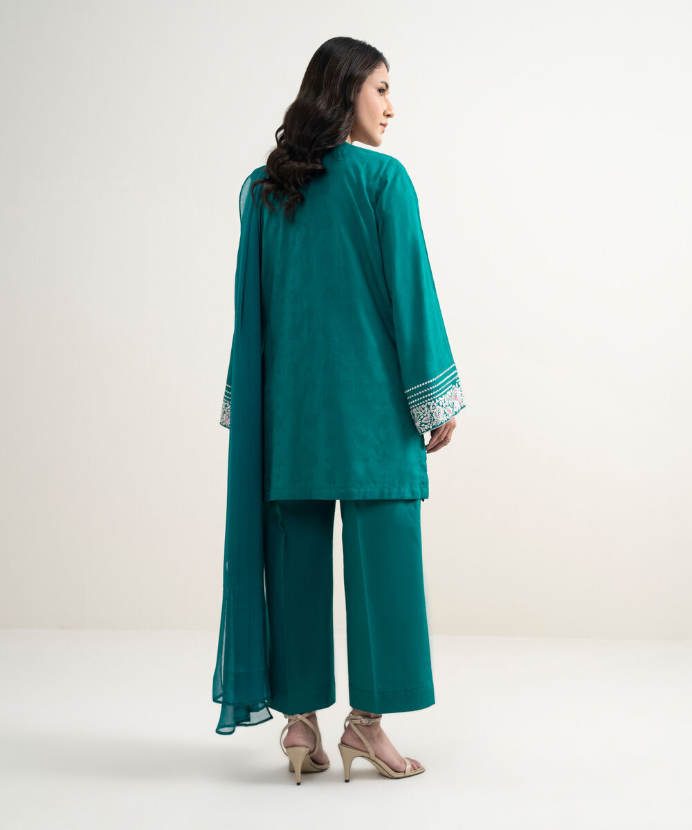 Women's RTW Self Jacquard Embroidered Teal 3 Piece Suit