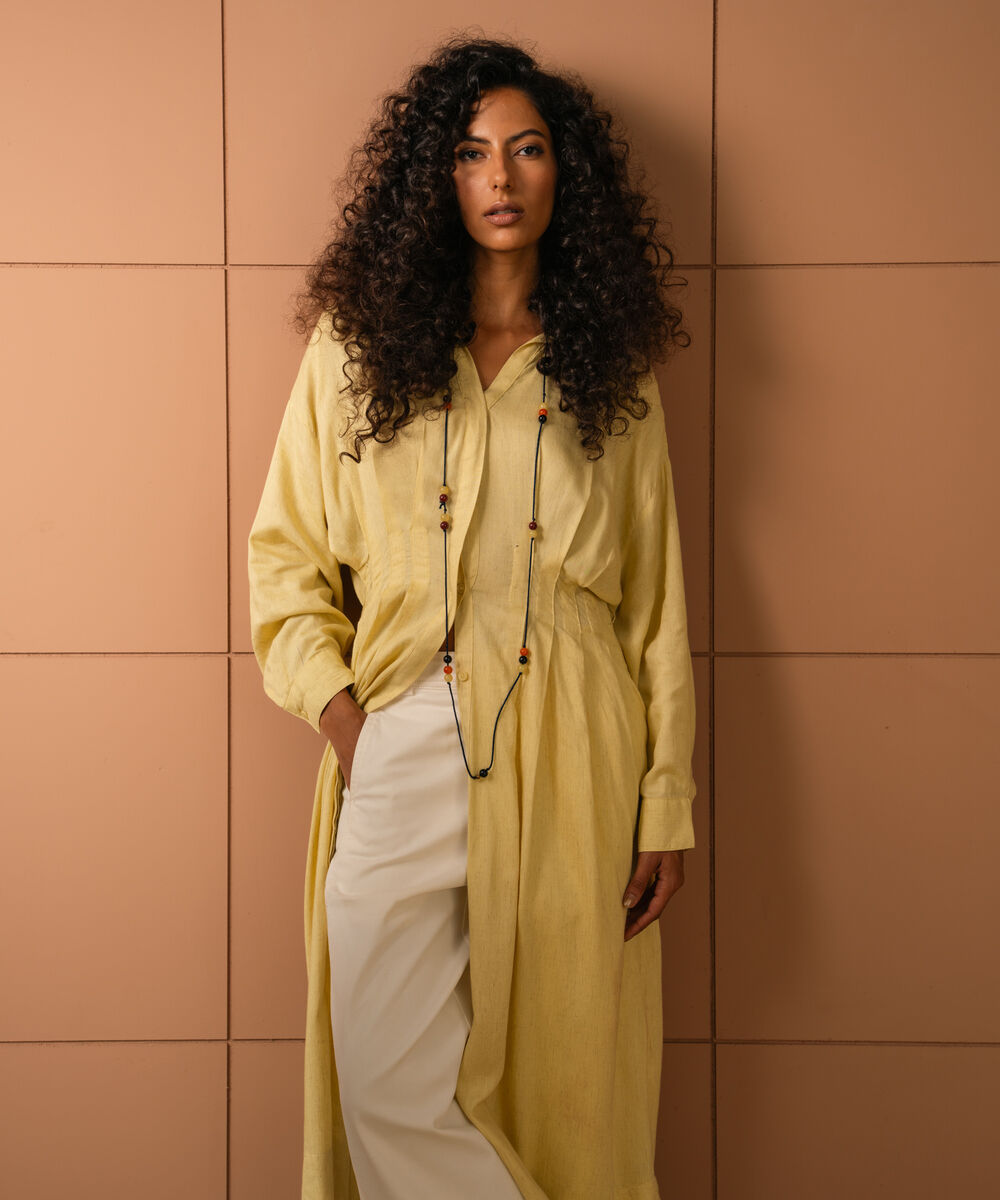 Women's Butter Yellow Linen Blend Dress With  Crochet Belt
