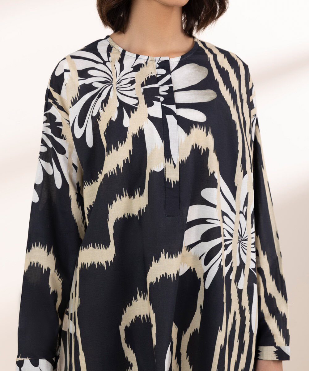 Women's RTW Textured Lawn Black Printed Boxy Shirt