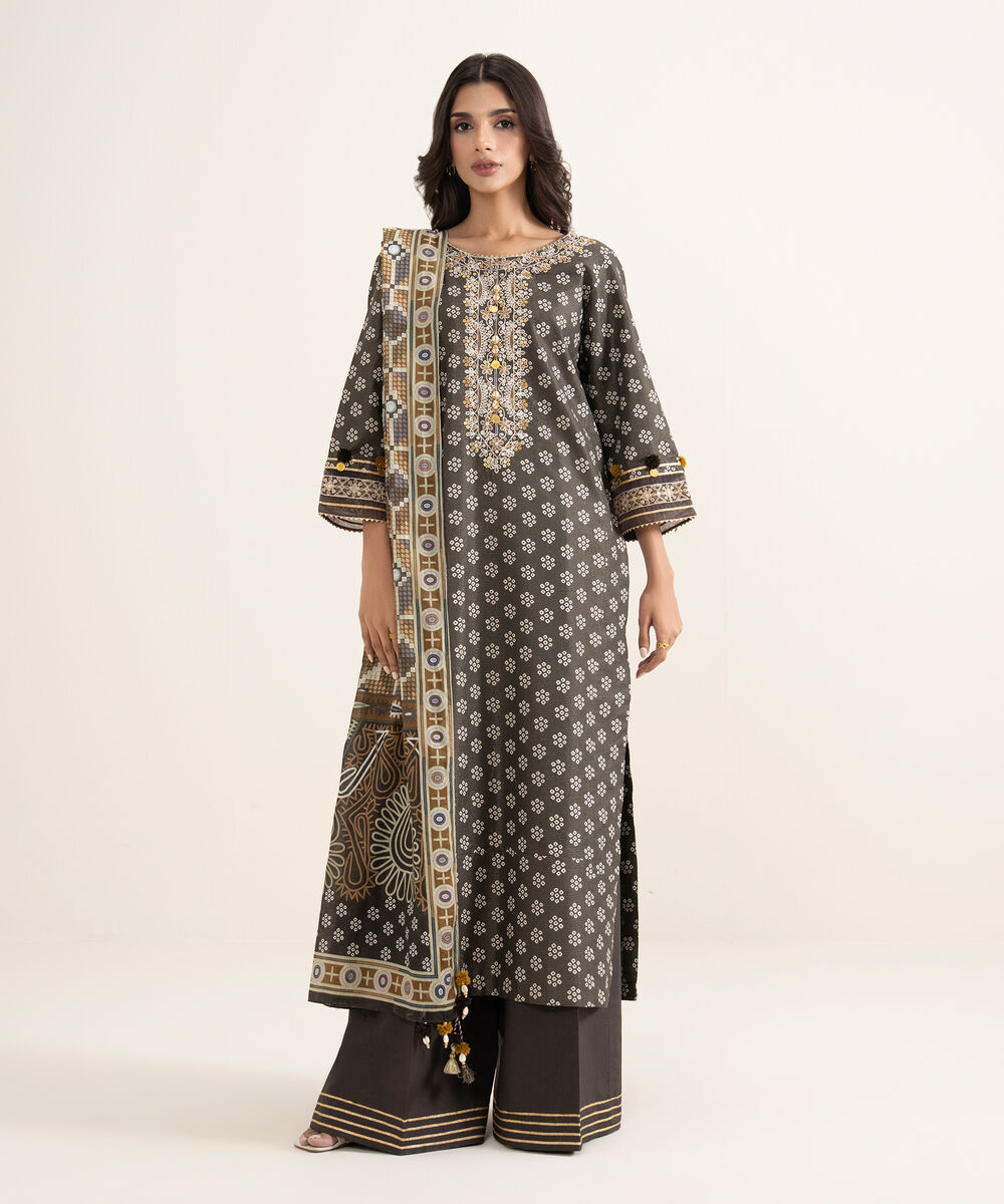 Women's Unstitched Zari Lawn Embroidered Brown 3 Piece Suit