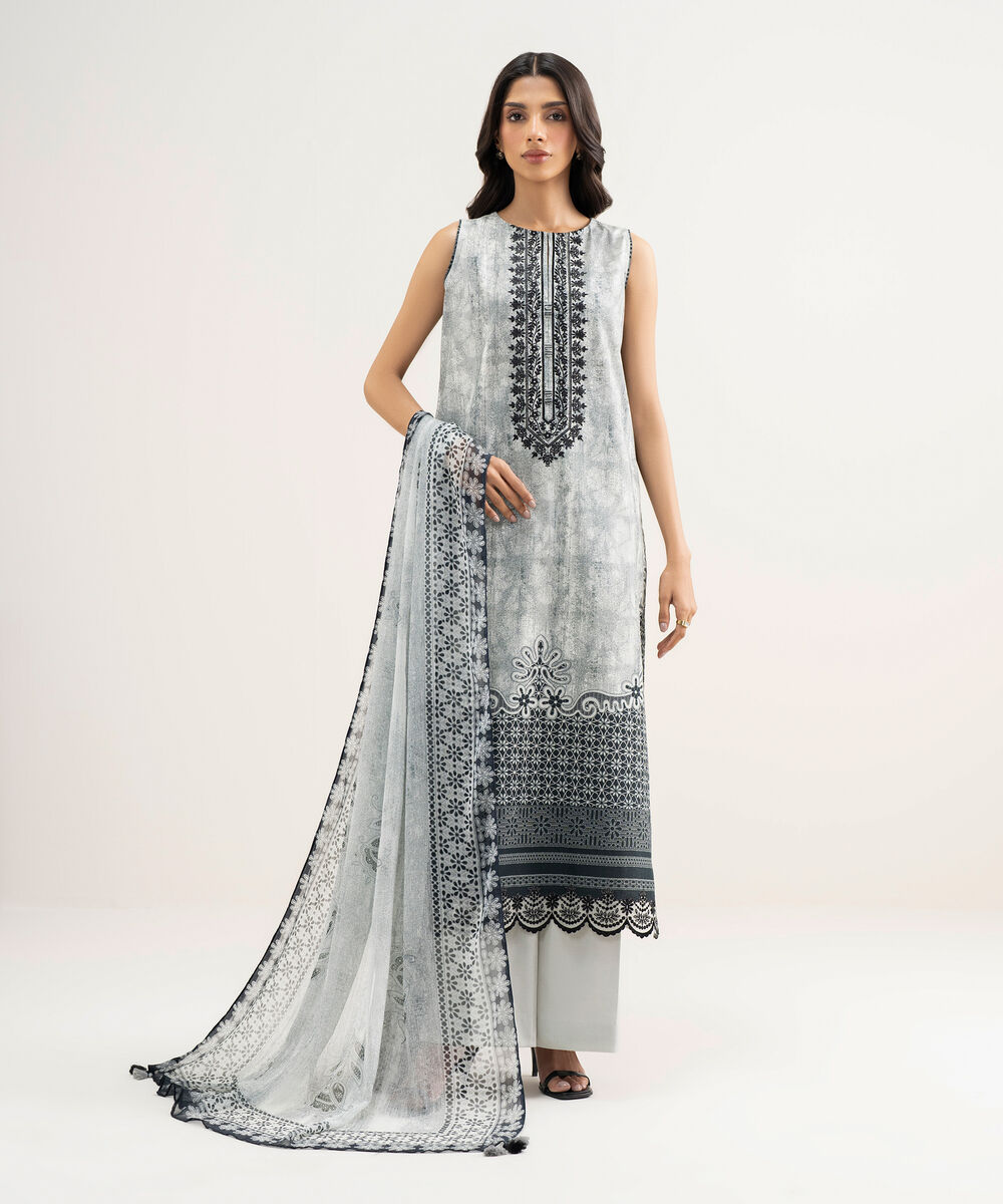 Women's Unstitched Lawn Embroidered Grey 3 Piece Suit
