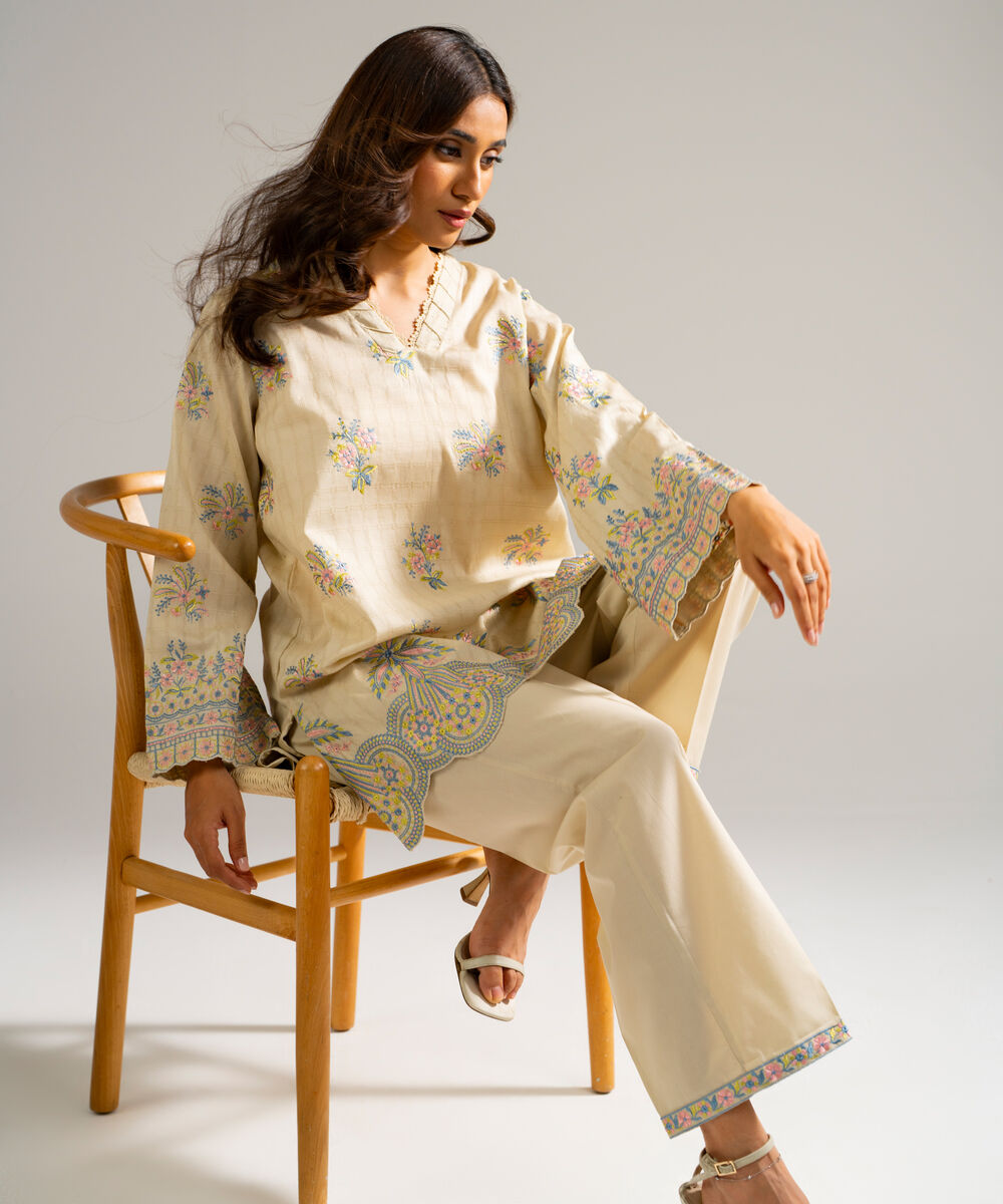 Women's RTW Dobby Embroidered Beige Straight Shirt