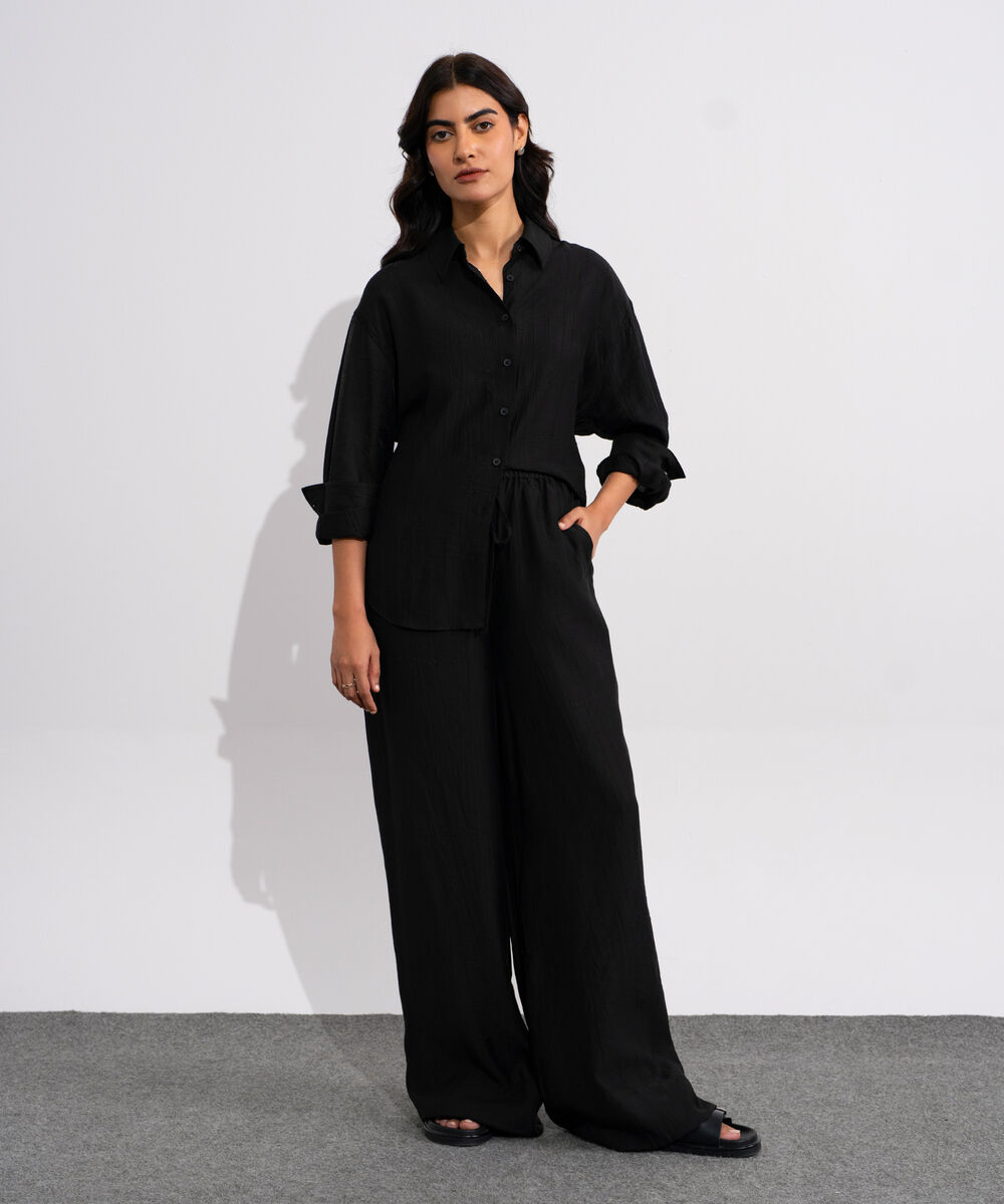 Women's Black Textured Pull-On Trousers