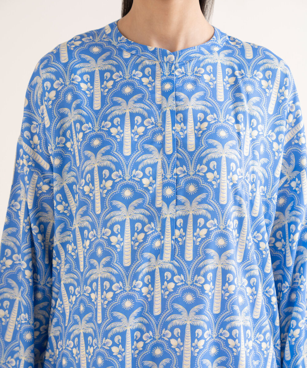 Women's RTW Linen Viscose Printed Blue Drop Shoulder Shirt