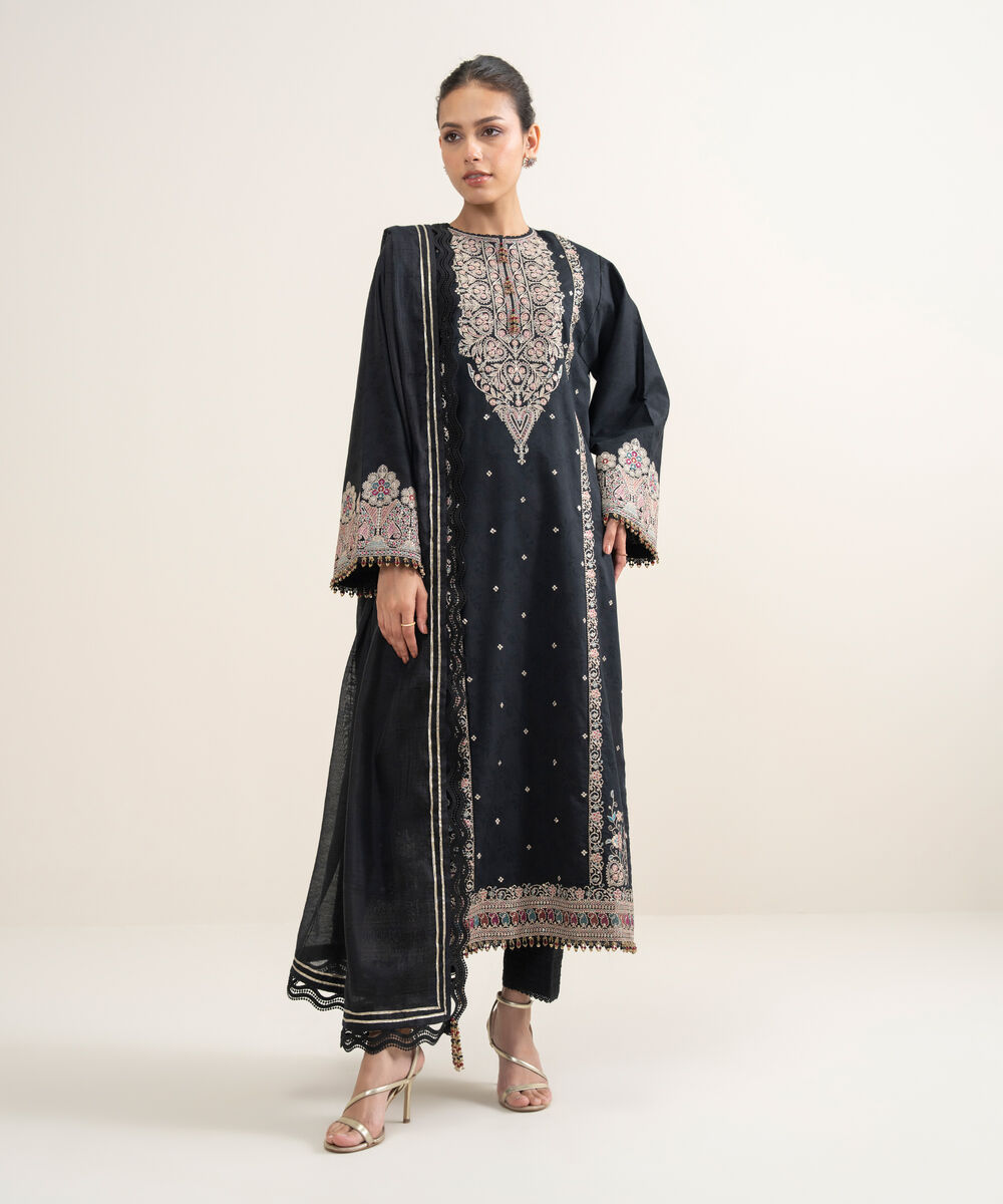 Women's Unstitched Cotton Jacquard Embroidered Black 3 Piece Suit