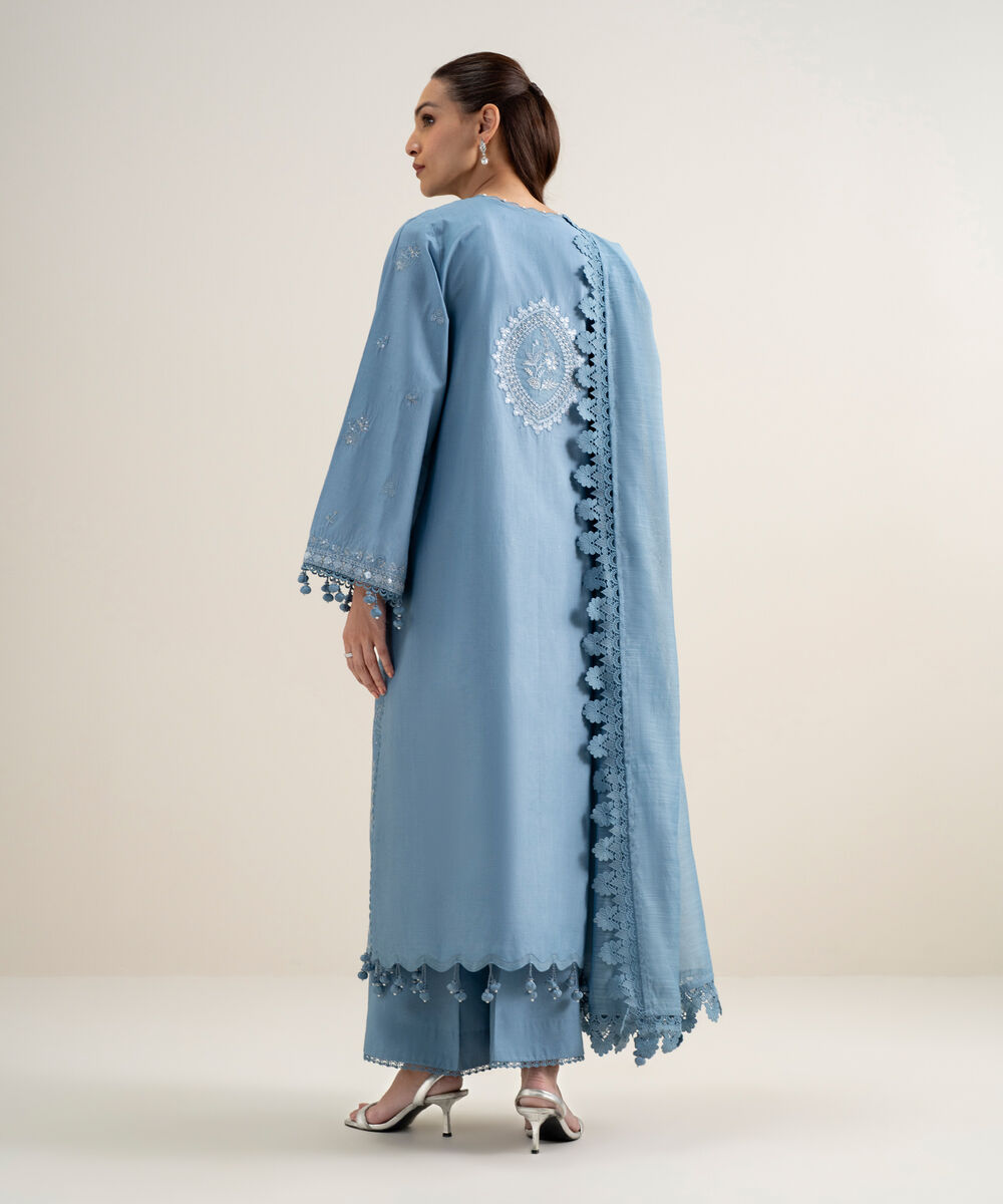 Women's Unstitched Lawn Embroidered Sky Blue 3 Piece Suit