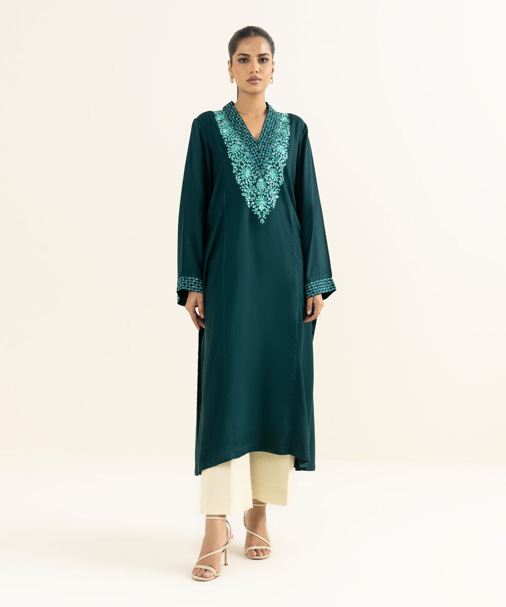 Women's RTW Linen Viscose Embroidered Teal A-Line Shirt