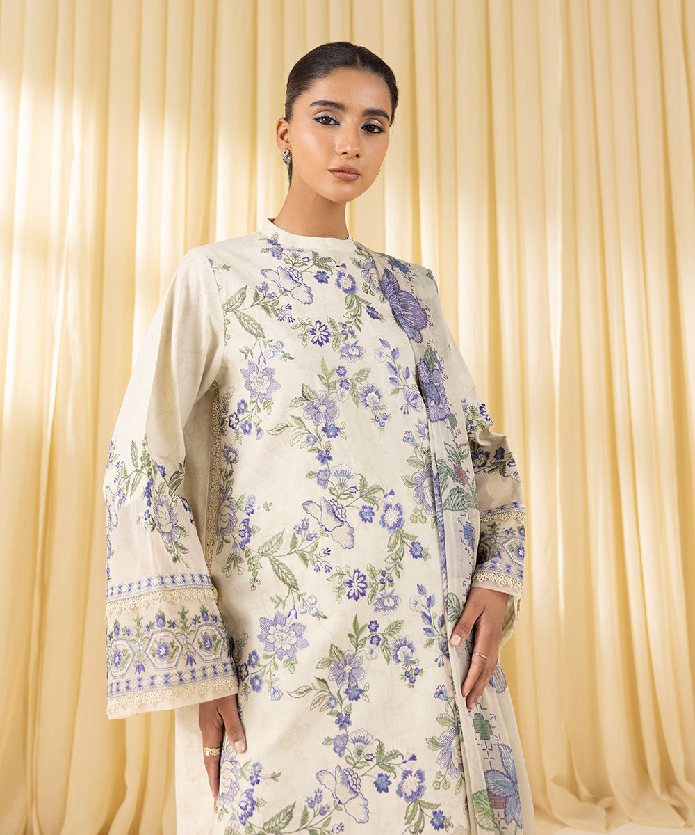 Unstitched Women's Off White Cotton Jacquard 3 Piece Suit