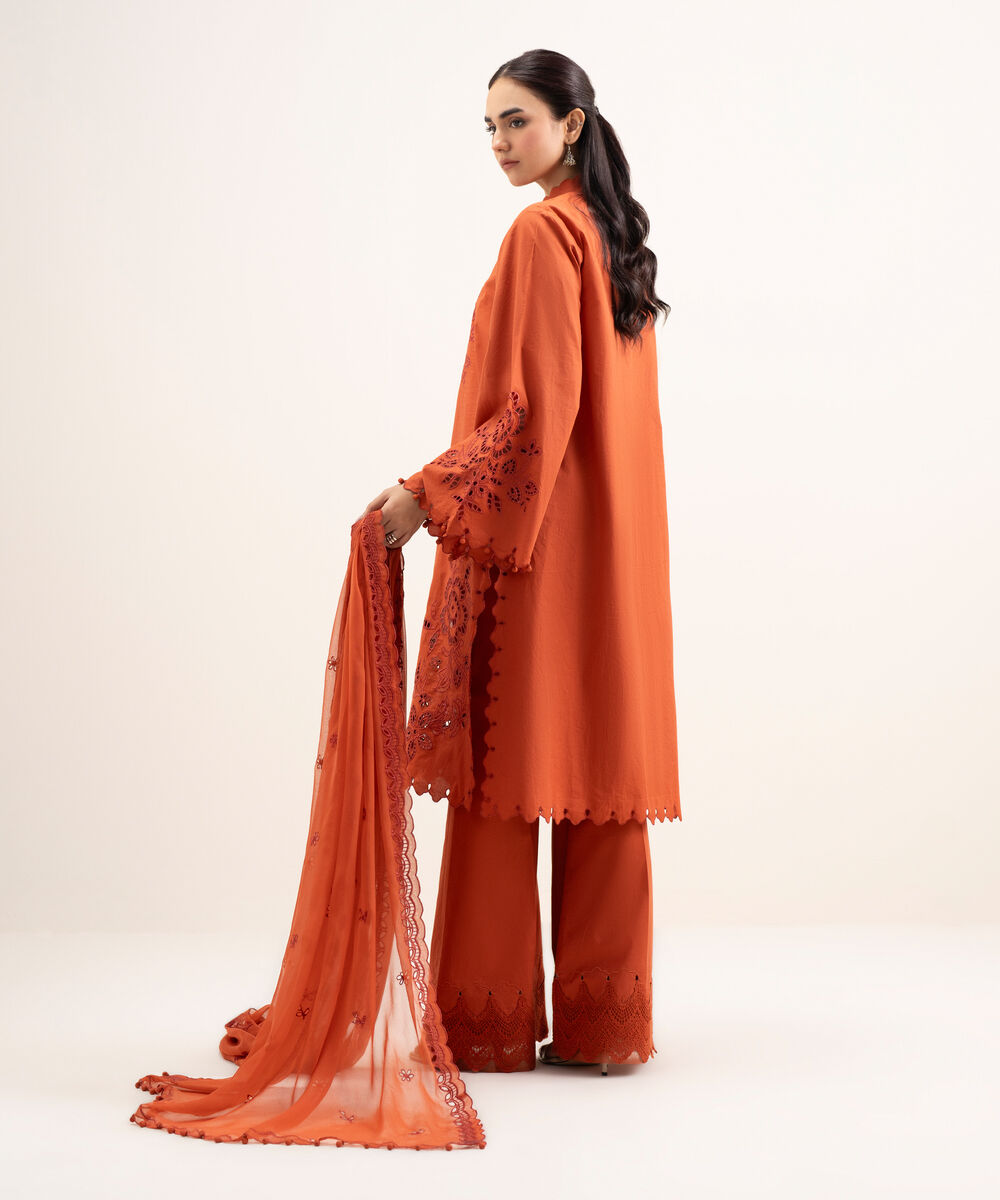Women's Unstitched Textured Lawn Embroidered Orange 3 Piece Suit