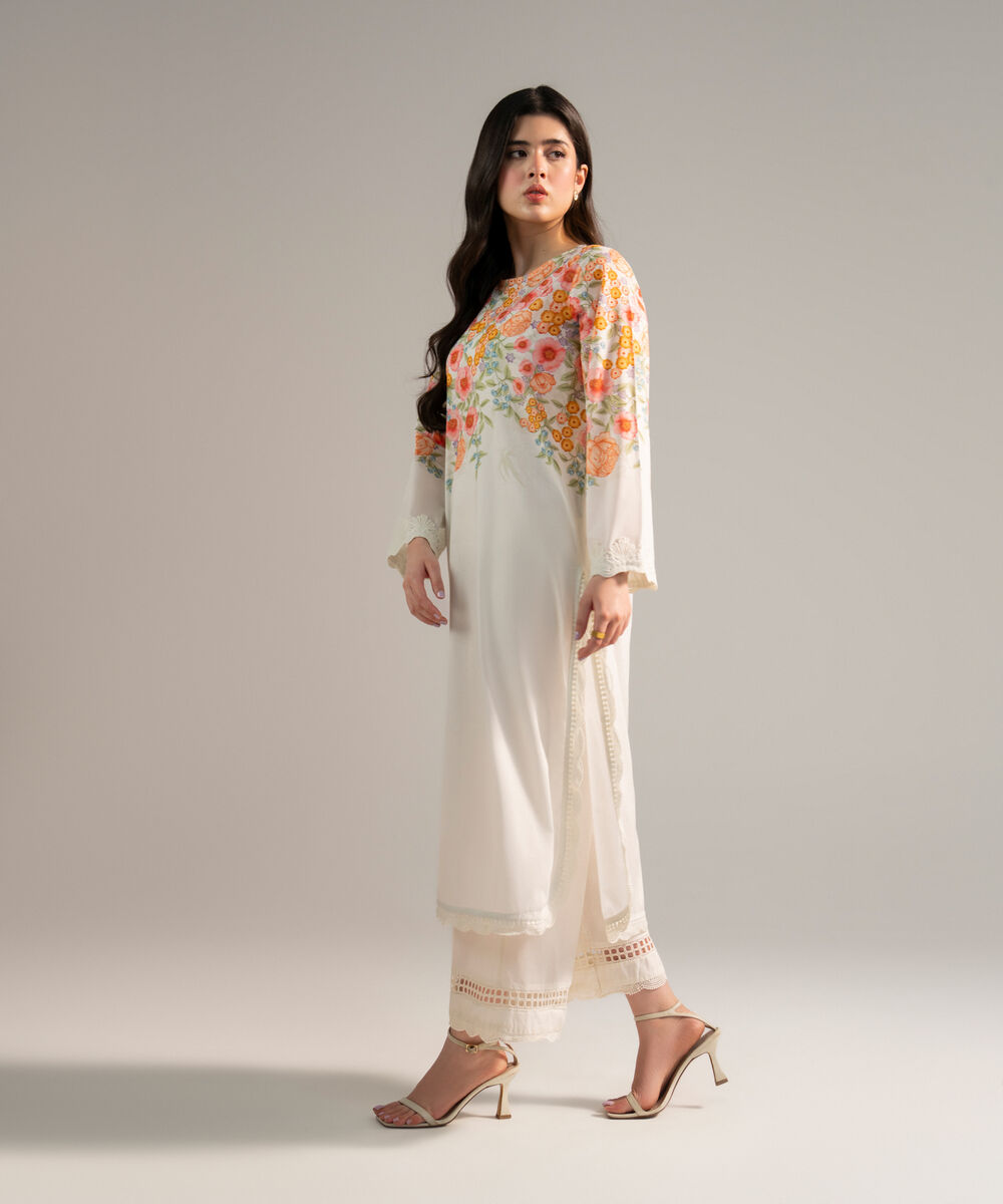Women's RTW Lawn Printed White 2 Piece Suit