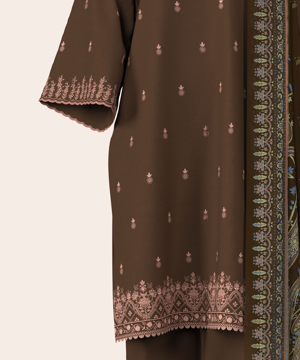 Women's Unstitched Lawn Brown  Embroidered 3 Piece Suit
