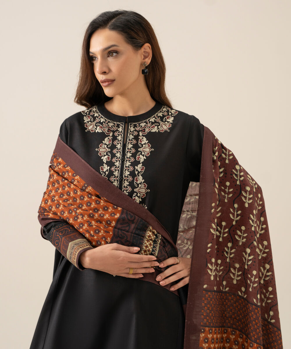 Women's Unstitched Light Khaddar Embroidered Black 3 Piece Suit