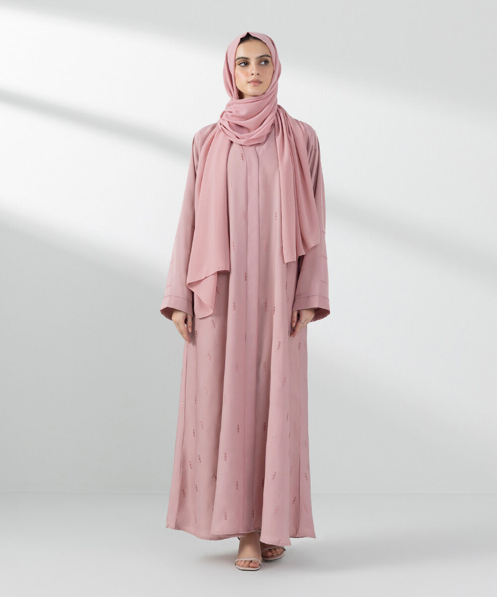 Woman - Pink Embroidered Button Through Abaya Set