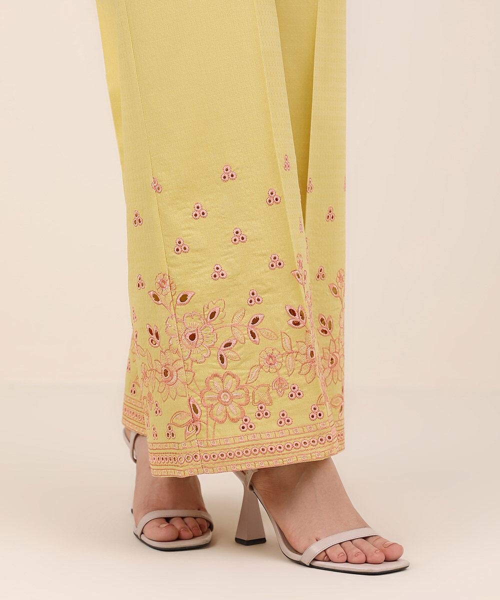 Women's RTW Textured Cotton Yellow Embroidered Culottes