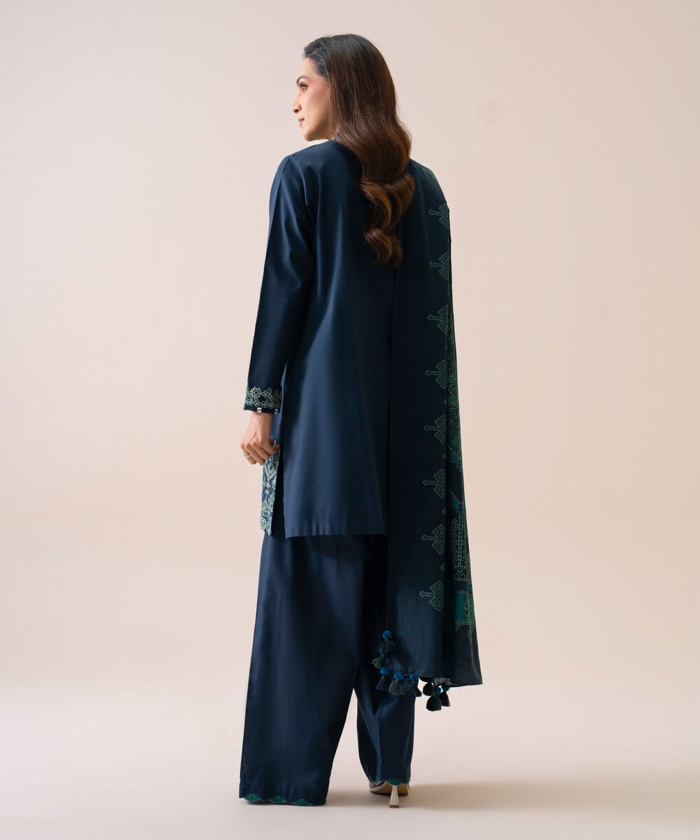 Women's Unstitched Light Khaddar Embroidered Dark Blue 3 Piece Suit