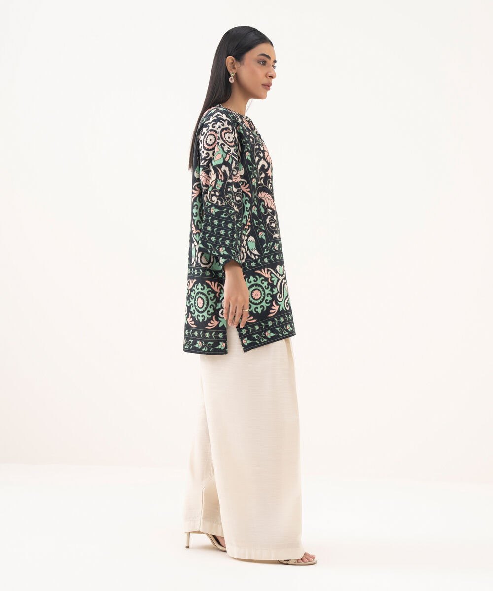 Women's RTW Light Khaddar Printed Black Boxy Shirt