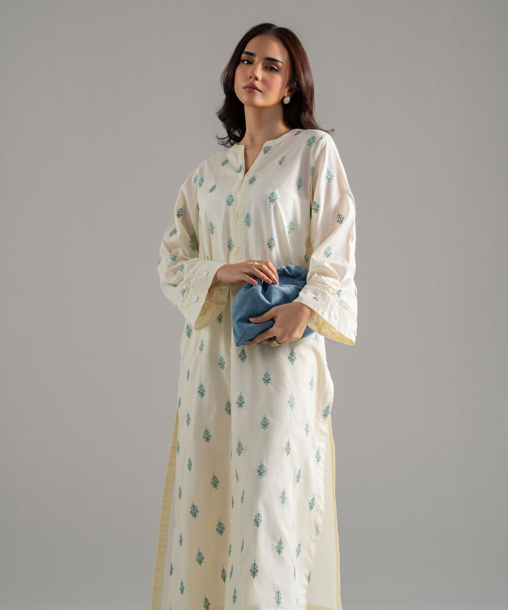 Women's RTW Solid Embroidered Lawn Off White A-Line Shirt