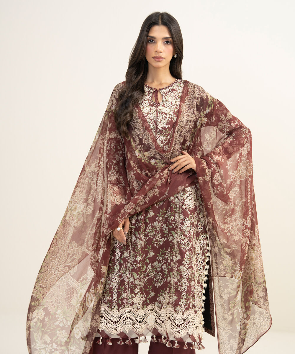 Women's Unstitched Lawn Embroidered Red 3 Piece Suit