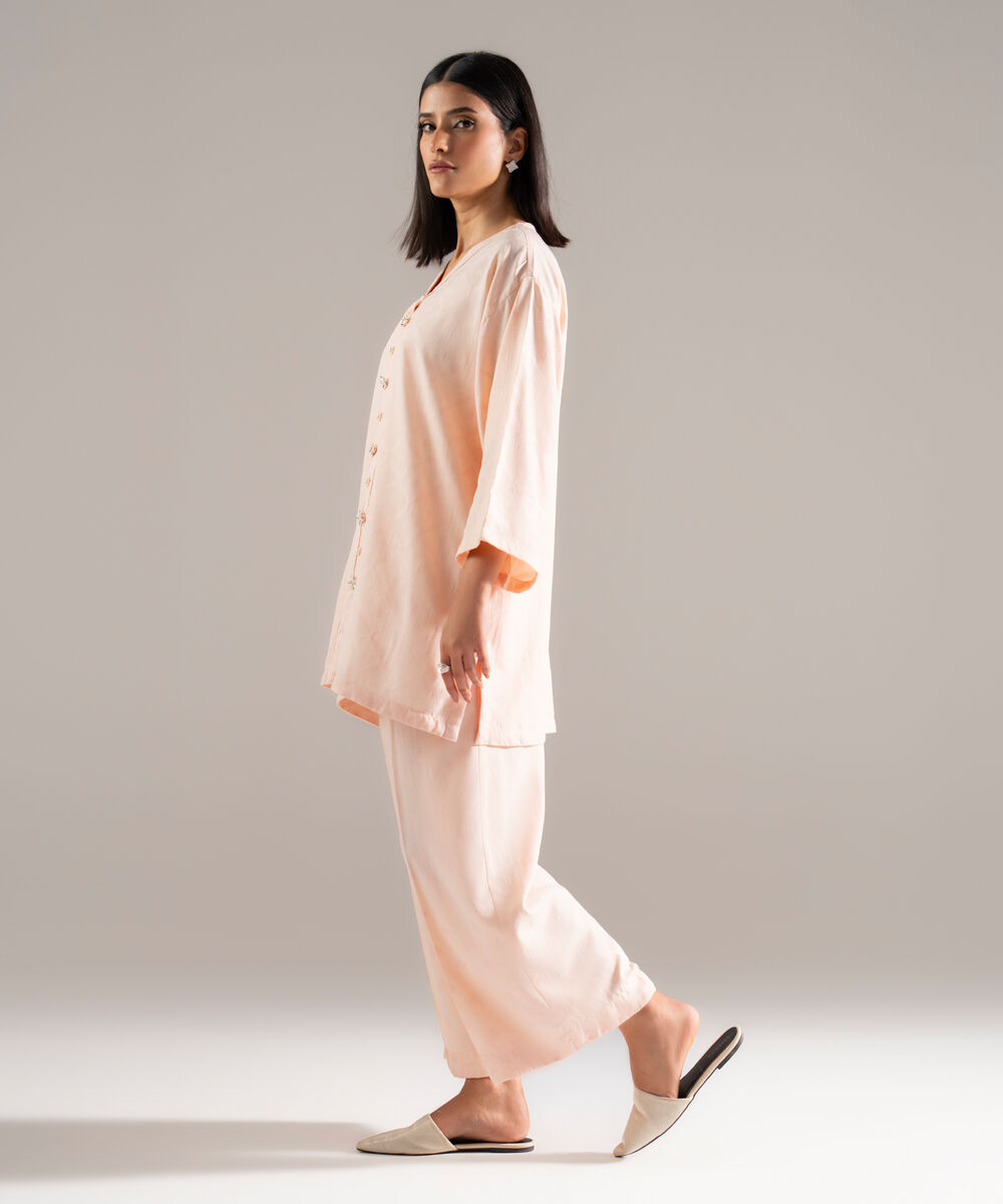 Women's RTW Poly Viscose Jacquard Solid Pink Drop Shoulder Shirt