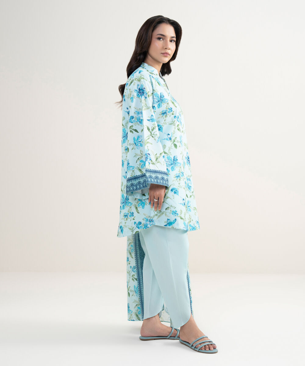 Women's Unstitched Lawn Printed Blue 3 Piece Suit