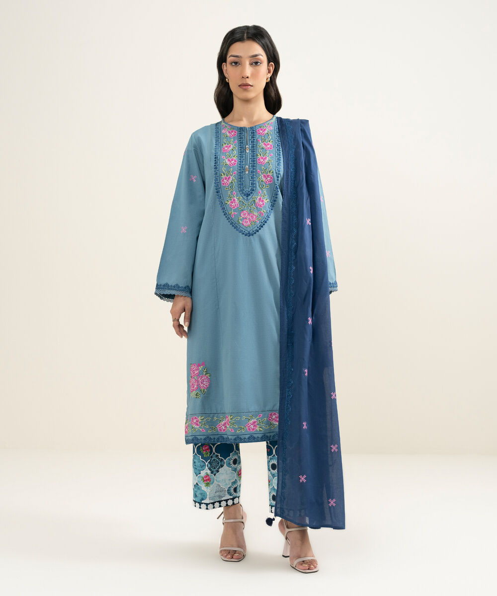 Women's RTW Dobby Embroidered Blue A-Line Shirt