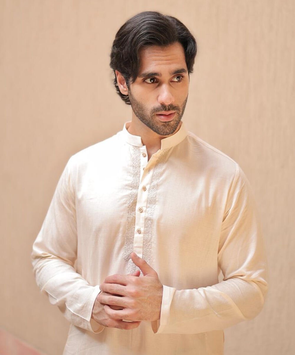 Embroidered Cotton Dobby Kurta Men's Stitched Kurta Off White Embroidered Cotton Dobby Kurta