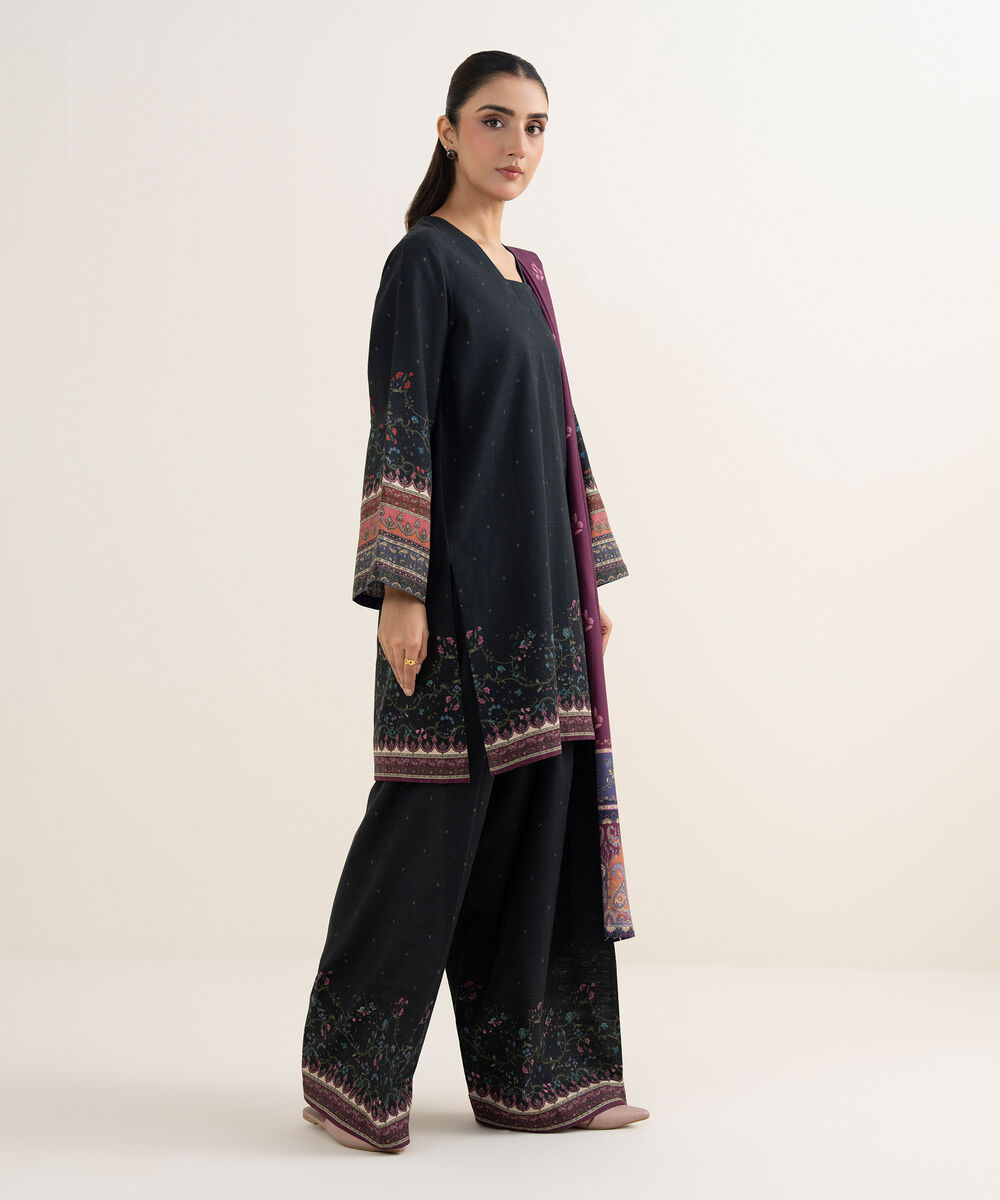 Women's Unstitched Printed Light Khaddar Black 3 Piece Suit