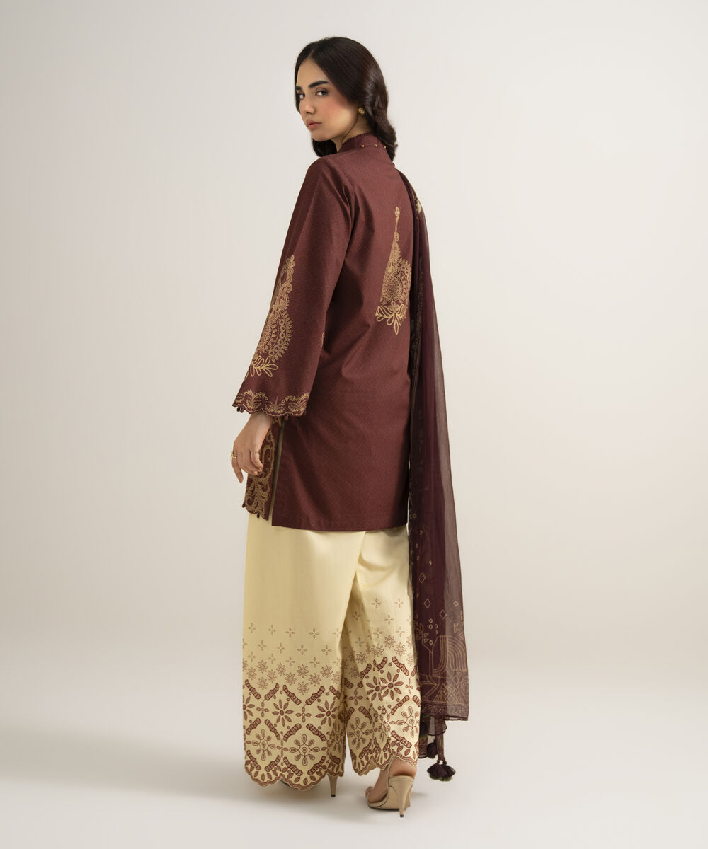 Women's Unstitched Cotton Printed Brown 3 Piece Suit