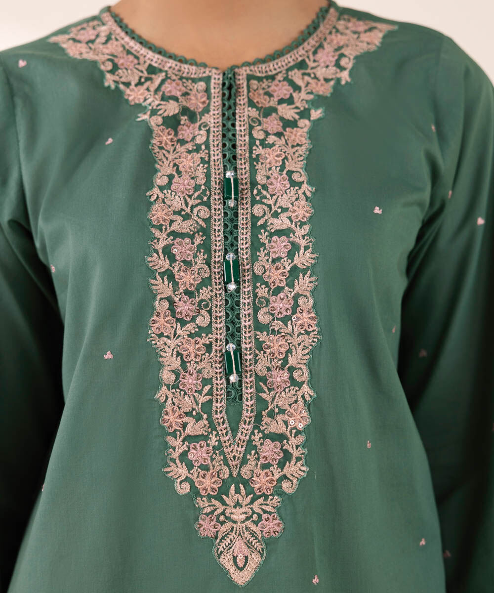 Women's RTW Lawn Green Embroidered A-Line Shirt