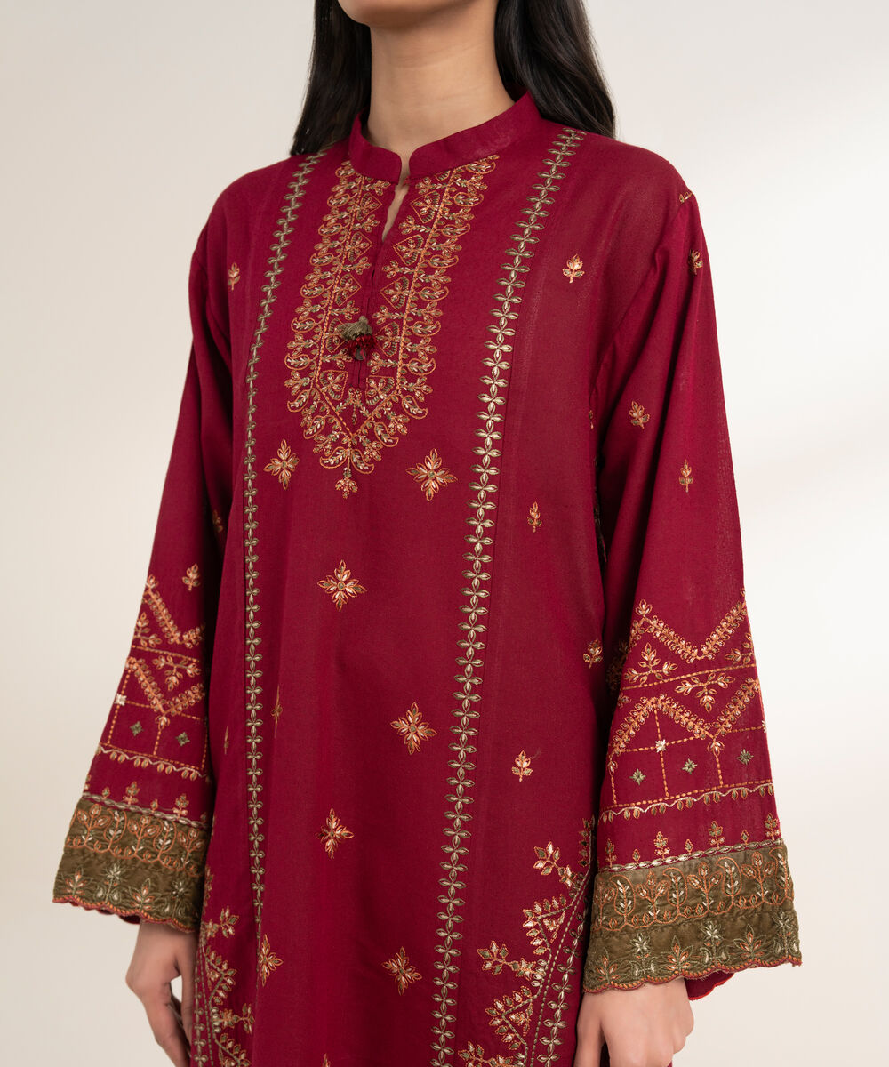 Women's RTW Cotton Karandi Embroidered Maroon 3 Piece Suit