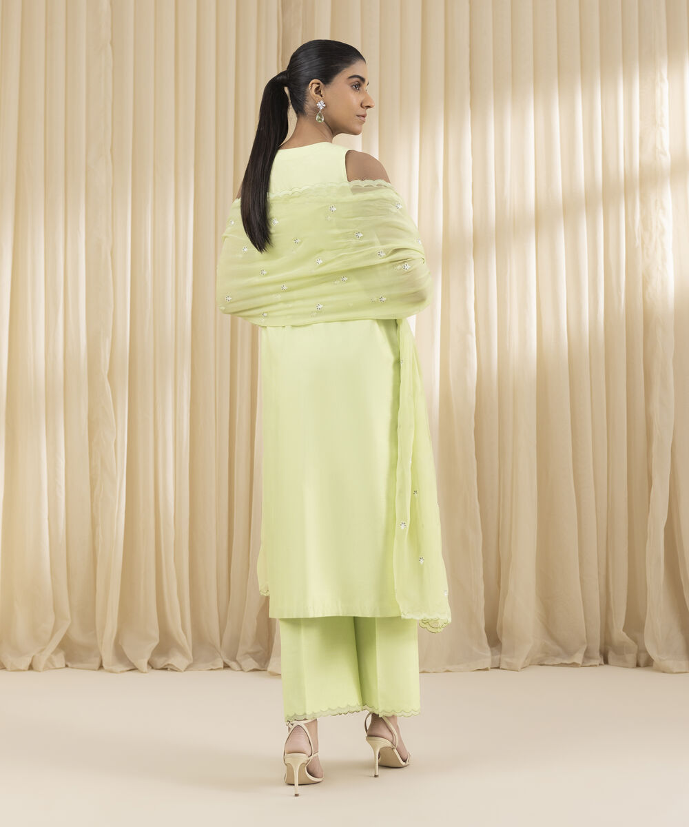 Unstitched Women's Green Cotton Net 3 Piece Suit