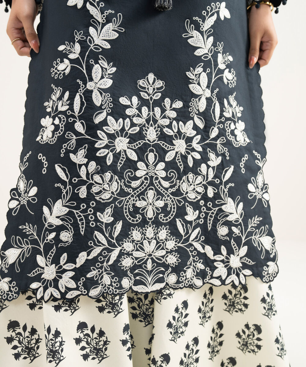 Women's Unstitched Textured Lawn Embroidered Black 3 Piece Suit