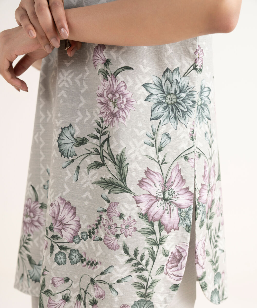 Women's Unstitched Cotton Printed Grey 3 Piece Suit