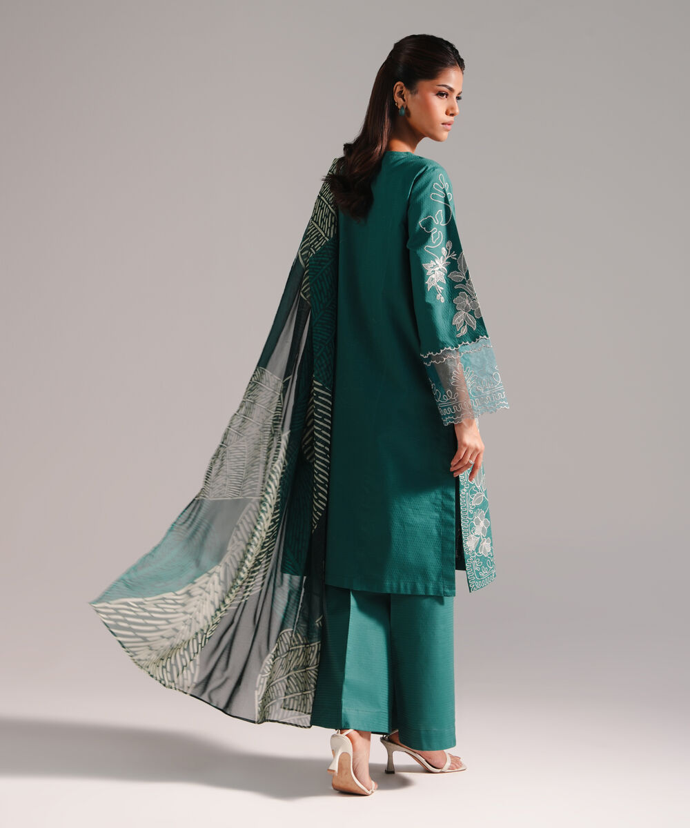 Women's RTW Dobby Embroidered Teal 3 Piece Suit