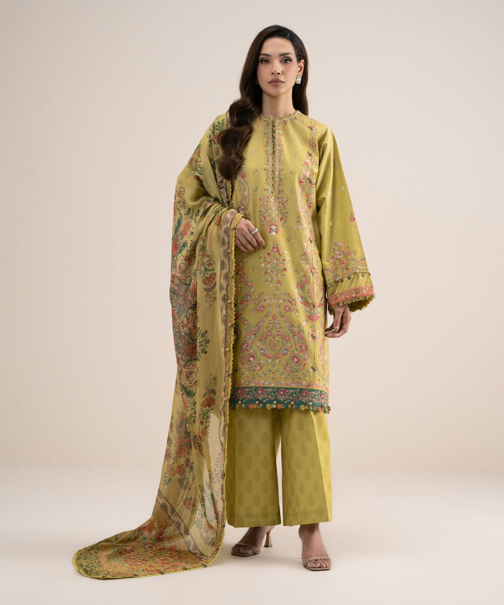 3 Piece - Embroidered Cotton Satin Suit