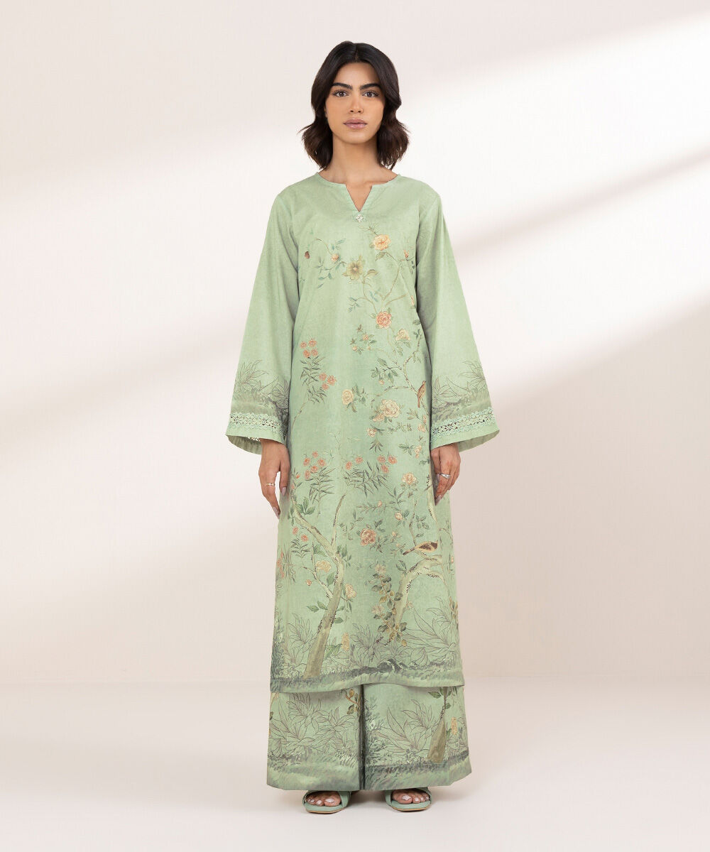 Women's RTW Cambric Green Printed A-Line Shirt