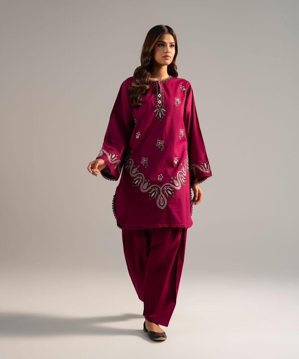 Women's RTW Dobby Embroidered Purple Straight Shirt