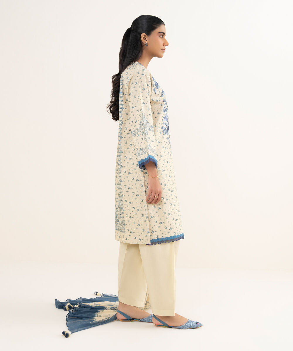 Women's Unstitched Cotton Embroidered Off White 3 Piece Suit