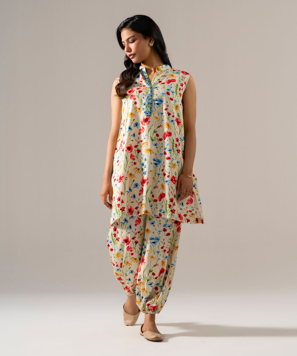 Women's RTW Viscose Marina Printed Off White 2 Piece Suit