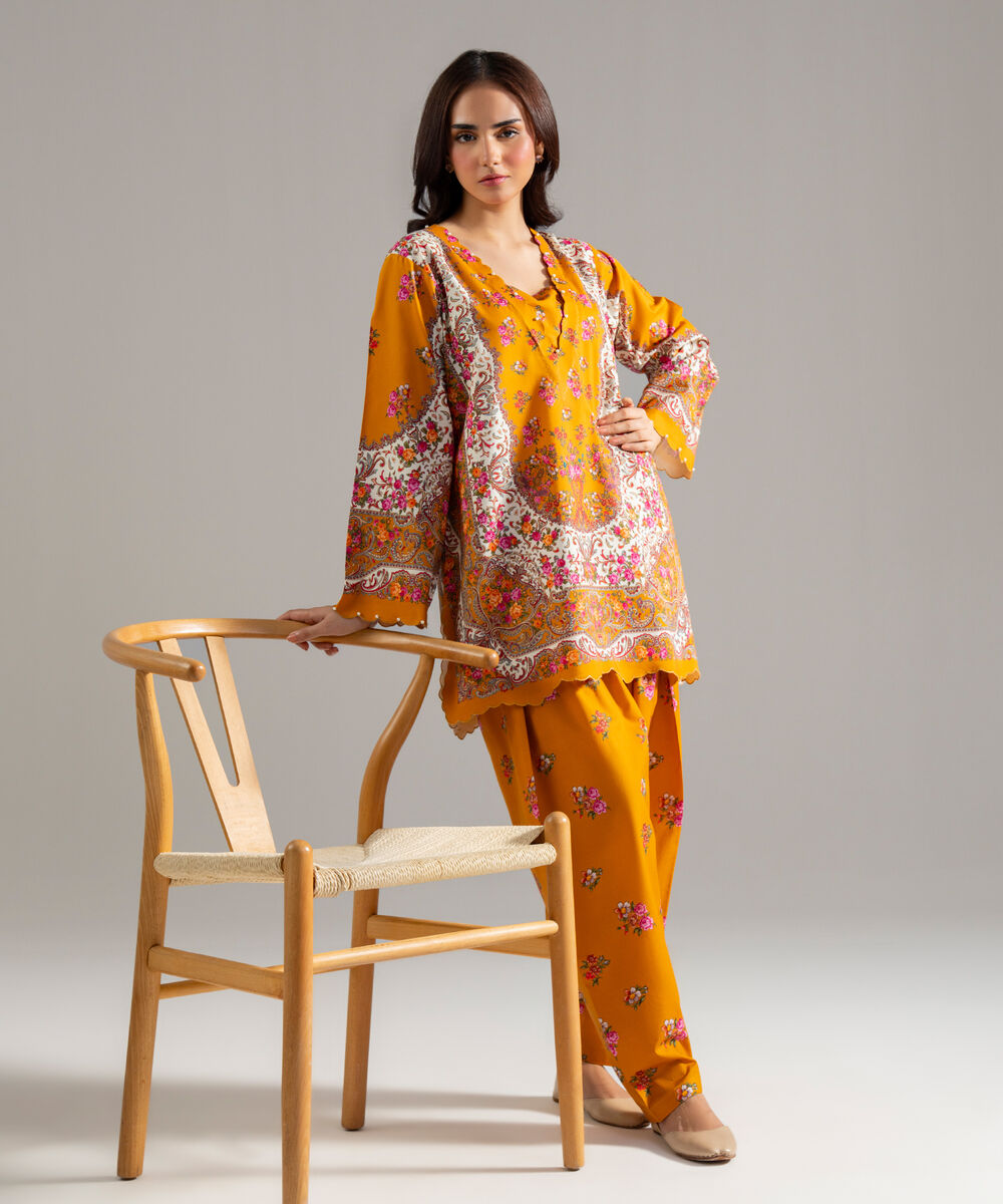 Women's RTW Cotton Viscose Printed Musard Brown Straight Shirt