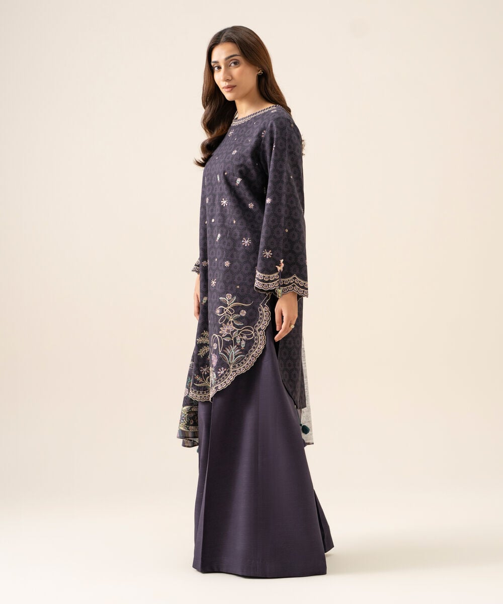 Women's Unstitched Light Khaddar Embroidered Blue 3 Piece Suit