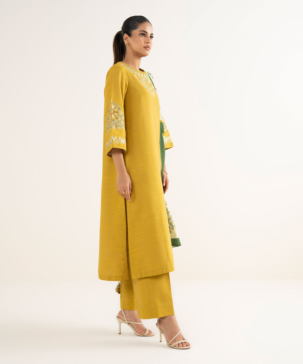 Women's Unstitched Khaddar Embroidered Yellow 3 Piece Suit
