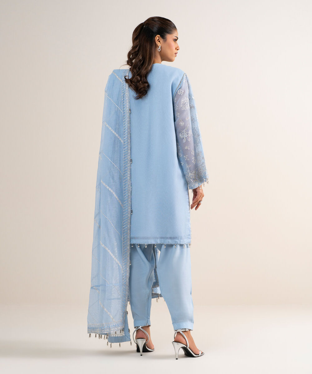 Women's Unstitched Khaddi Net Embroidered Blue