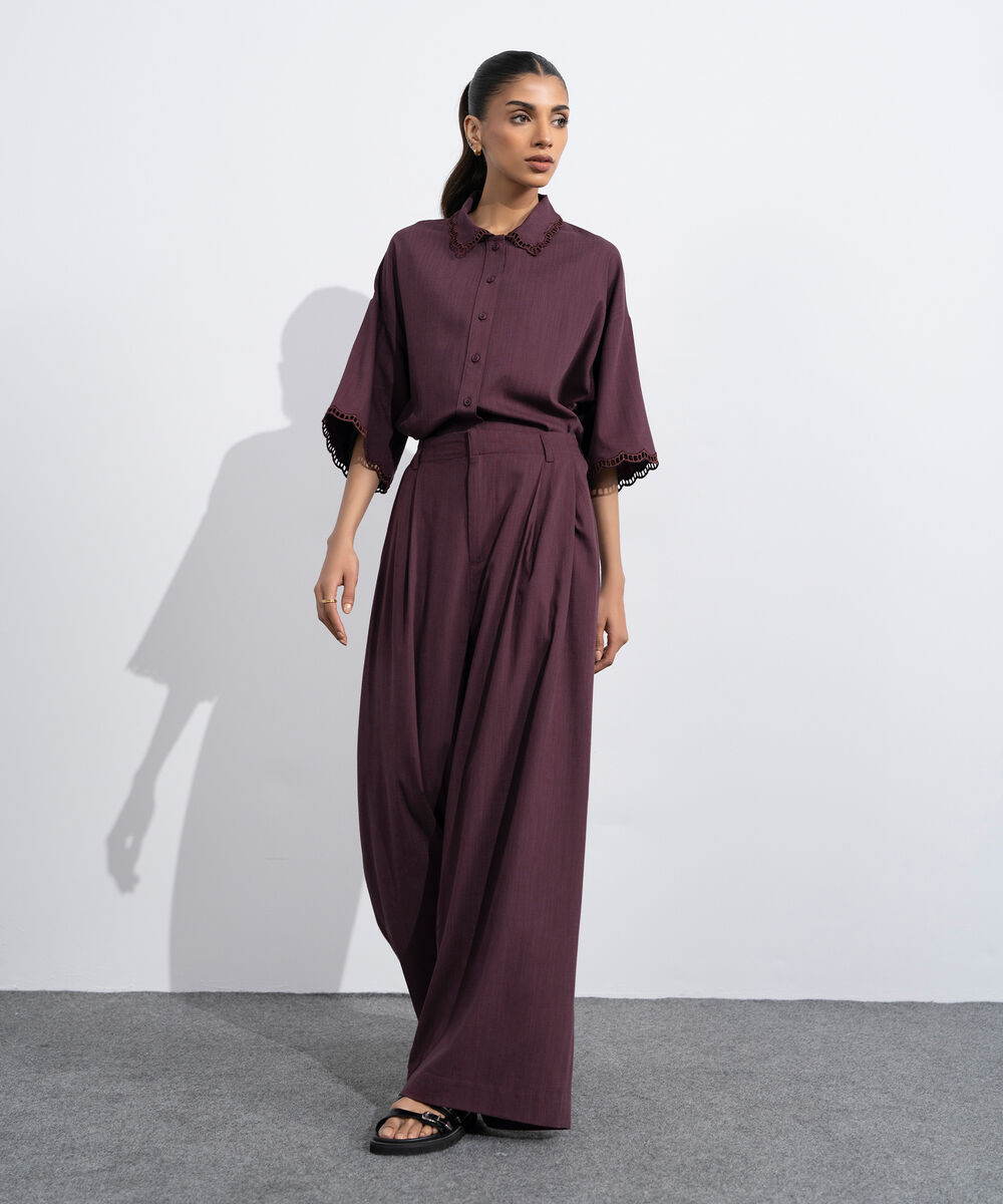 Women's Western Maroon Wide-Leg Pleated Trousers