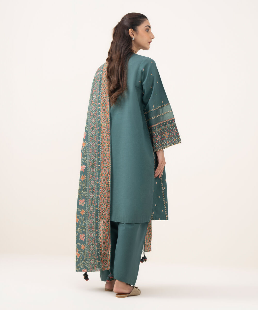 Women's Unstitched Light Khaddar Embroidered Green 3 Piece Suit